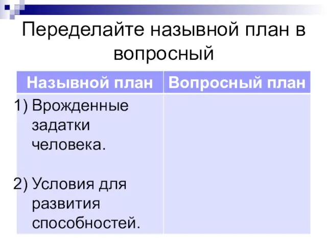 Переделайте назывной план в вопросный