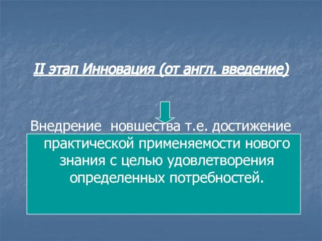 II этап Инновация (от англ. введение) Внедрение новшества т.е. достижение практической