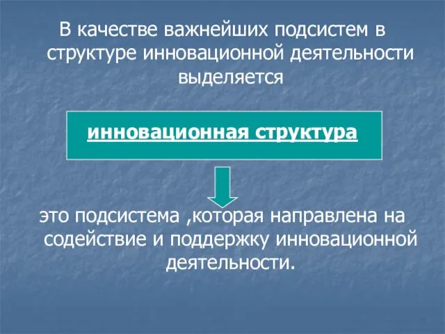 В качестве важнейших подсистем в структуре инновационной деятельности выделяется инновационная структура