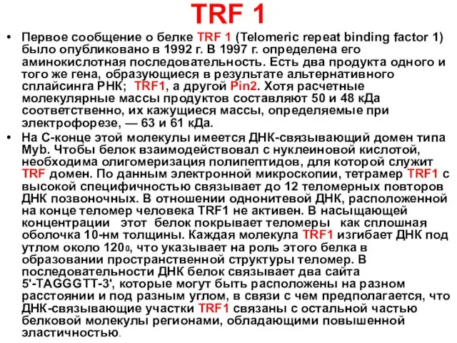 TRF 1 Первое сообщение о белке TRF 1 (Теlomeric repeat binding
