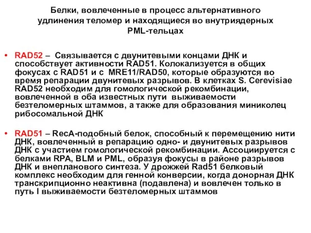 Белки, вовлеченные в процесс альтернативного удлинения теломер и находящиеся во внутриядерных