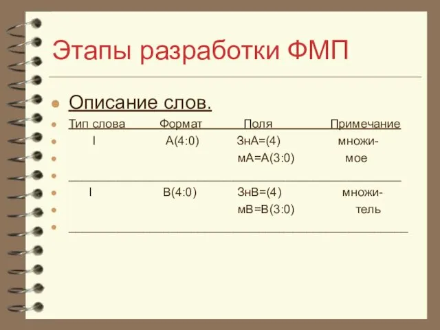 Этапы разработки ФМП Описание слов. Тип слова Формат Поля Примечание I