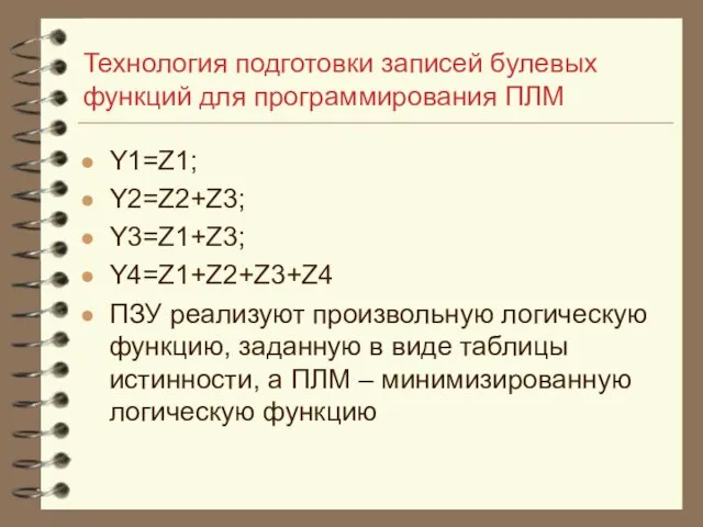 Технология подготовки записей булевых функций для программирования ПЛМ Y1=Z1; Y2=Z2+Z3; Y3=Z1+Z3;