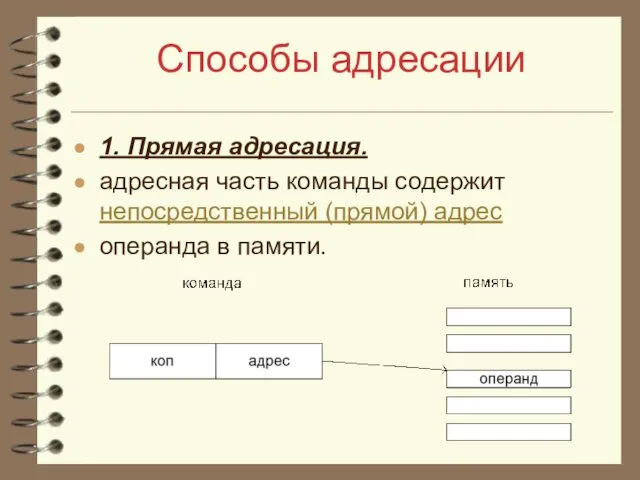 Способы адресации 1. Прямая адресация. адресная часть команды содержит непосредственный (прямой) адрес операнда в памяти.