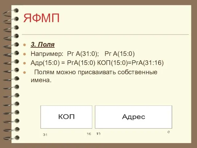 ЯФМП 3. Поля Например: Рг А(31:0); Рг А(15:0) Адр(15:0) = РгА(15:0)