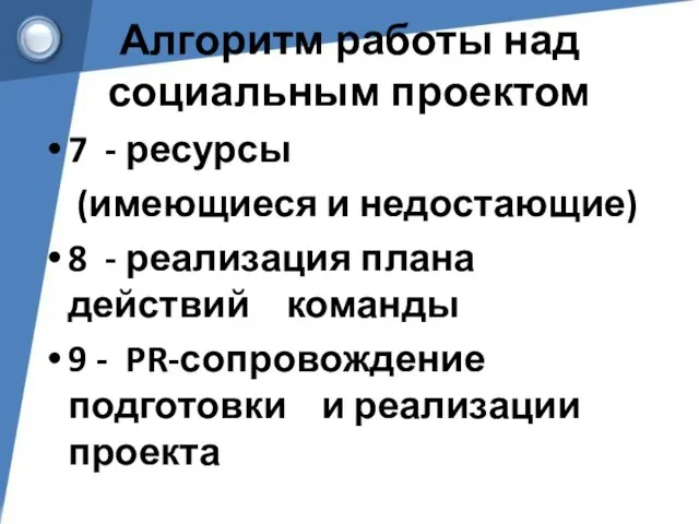 Алгоритм работы над социальным проектом 7 - ресурсы (имеющиеся и недостающие)