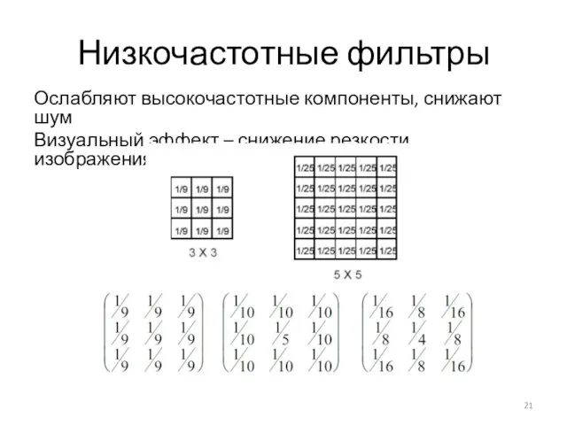 Низкочастотные фильтры Ослабляют высокочастотные компоненты, снижают шум Визуальный эффект – снижение резкости изображения