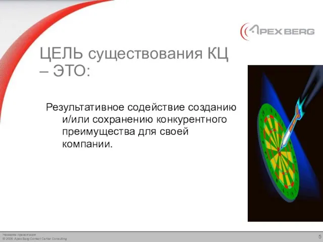 ЦЕЛЬ существования КЦ – ЭТО: Результативное содействие созданию и/или сохранению конкурентного преимущества для своей компании.