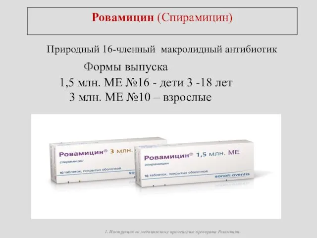 Ровамицин (Спирамицин) Природный 16-членный макролидный антибиотик Формы выпуска 1,5 млн. МЕ