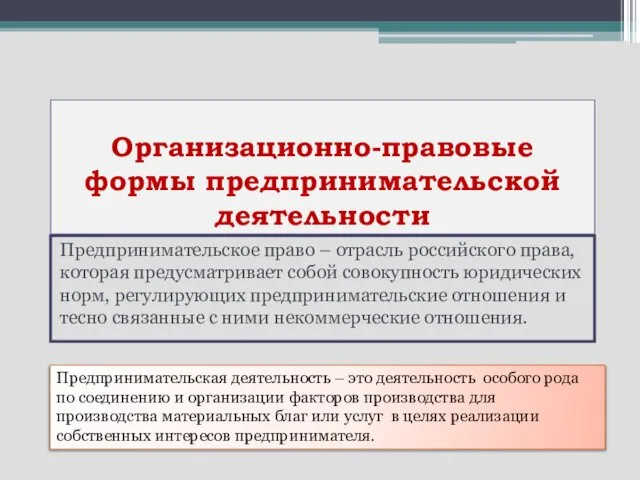 Организационно-правовые формы предпринимательской деятельности Предпринимательское право – отрасль российского права, которая