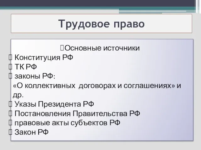 Трудовое право Основные источники Конституция РФ ТК РФ законы РФ: «О