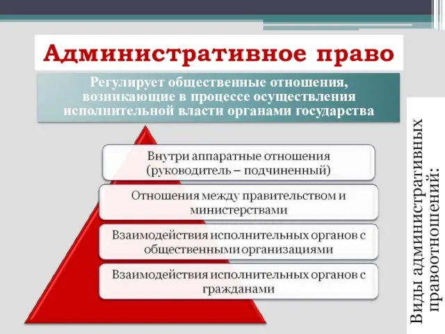 Административное право Виды административных правоотношений: Регулирует общественные отношения, возникающие в процессе осуществления исполнительной власти органами государства