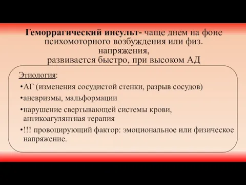 Этиология: АГ (изменения сосудистой стенки, разрыв сосудов) аневризмы, мальформации нарушение свертывающей