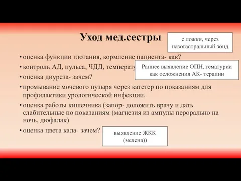 Уход мед.сестры оценка функции глотания, кормление пациента- как? контроль АД, пульса,