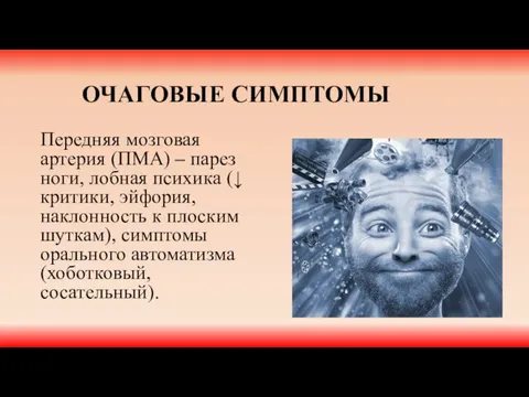 ОЧАГОВЫЕ СИМПТОМЫ Передняя мозговая артерия (ПМА) – парез ноги, лобная психика