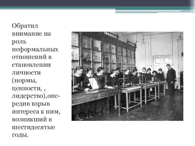 Обратил внимание на роль неформальных отношений в становлении личности (нормы, ценности,