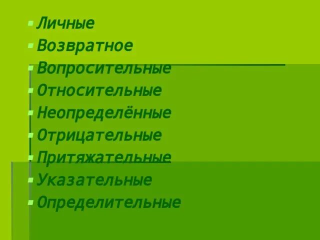 Личные Возвратное Вопросительные Относительные Неопределённые Отрицательные Притяжательные Указательные Определительные