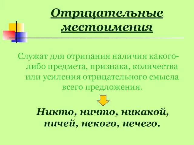 Отрицательные местоимения Служат для отрицания наличия какого-либо предмета, признака, количества или