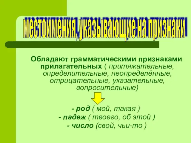 Обладают грамматическими признаками прилагательных ( притяжательные, определительные, неопределённые, отрицательные, указательные, вопросительные)