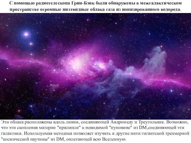 С помощью радиотелескопа Грин-Бэнк были обнаружены в межгалактическом пространстве огромные нитевидные