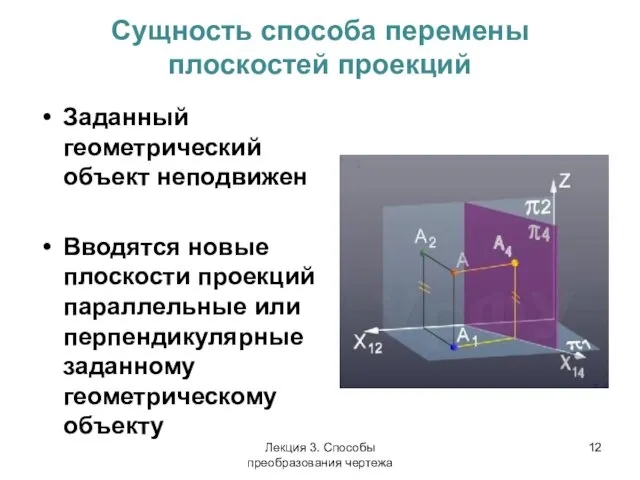 Сущность способа перемены плоскостей проекций Заданный геометрический объект неподвижен Вводятся новые