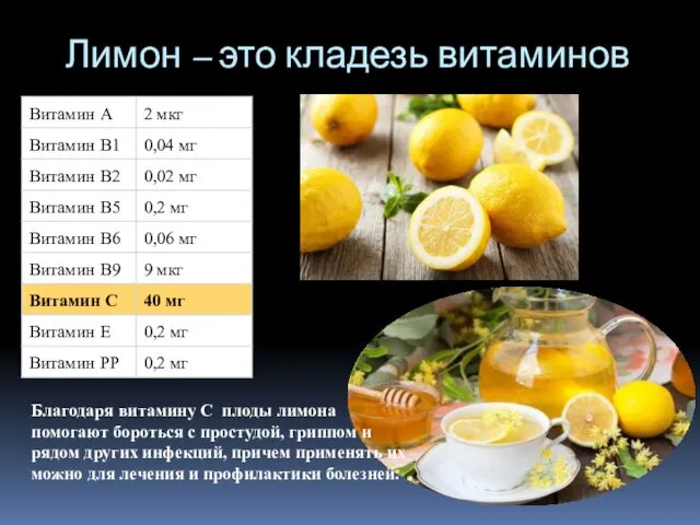 Лимон – это кладезь витаминов Благодаря витамину С плоды лимона помогают