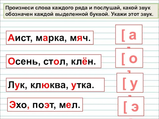 Произнеси слова каждого ряда и послушай, какой звук обозначен каждой выделенной