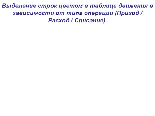 Выделение строк цветом в таблице движения в зависимости от типа операции (Приход / Расход / Списание).