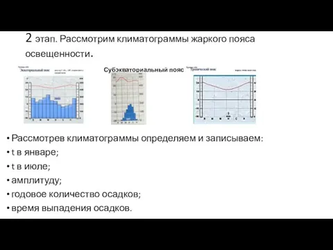 2 этап. Рассмотрим климатограммы жаркого пояса освещенности. Субэкваториальный пояс Рассмотрев климатограммы