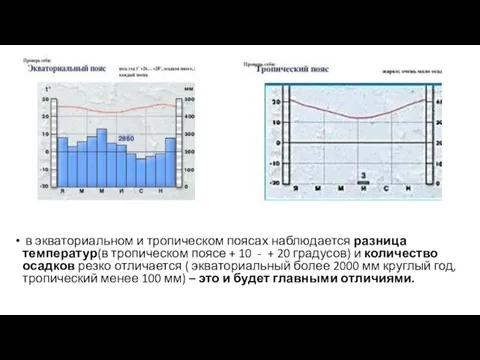 в экваториальном и тропическом поясах наблюдается разница температур(в тропическом поясе +