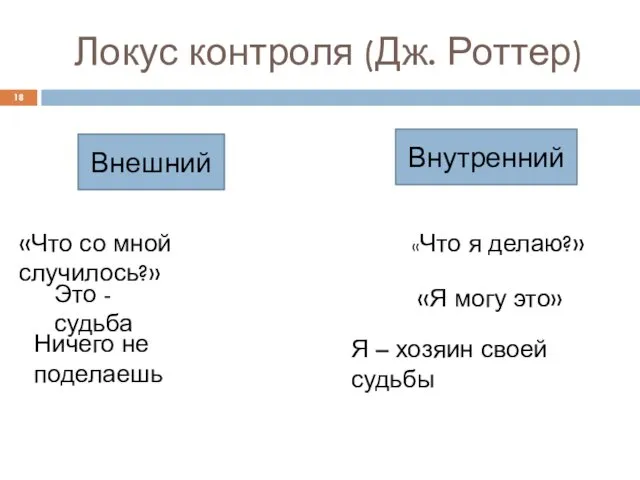 Локус контроля (Дж. Роттер) «Что со мной случилось?» «Что я делаю?»