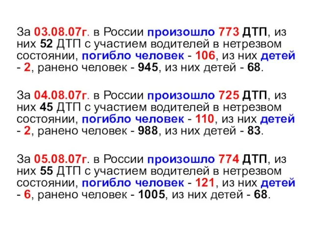 За 03.08.07г. в России произошло 773 ДТП, из них 52 ДТП