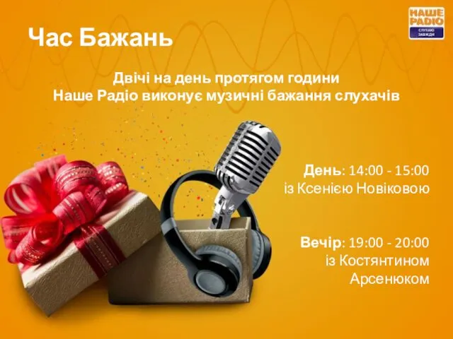 Час Бажань Двічі на день протягом години Наше Радіо виконує музичні