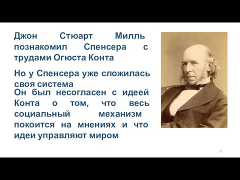 Джон Стюарт Милль познакомил Спенсера с трудами Огюста Конта Но у