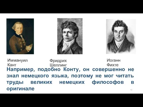 Например, подобно Конту, он совершенно не знал немецкого языка, поэтому не