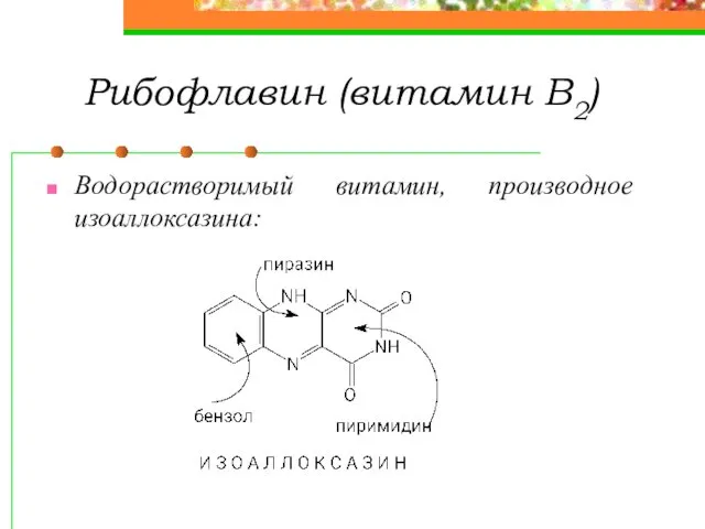 Рибофлавин (витамин В2) Водорастворимый витамин, производное изоаллоксазина: