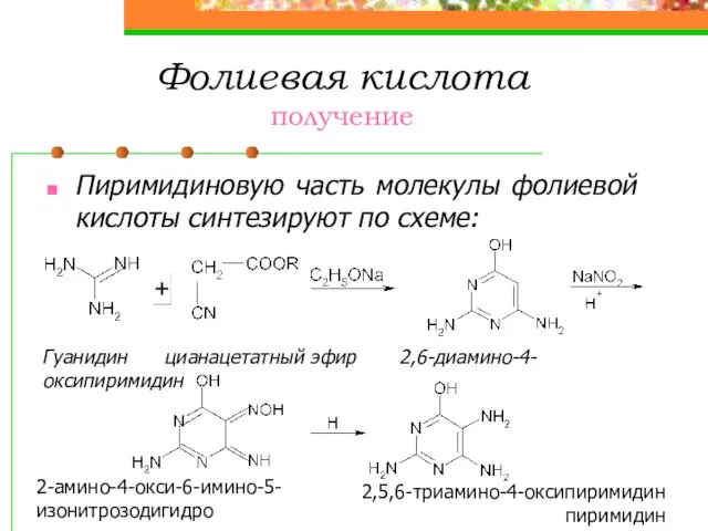 Фолиевая кислота получение Пиримидиновую часть молекулы фолиевой кислоты синтезируют по схеме: