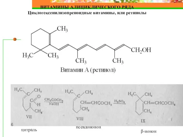 ВИТАМИНЫ АЛИЦИКЛИЧЕСКОГО РЯДА Циклогексенилизопреноидные витамины, или ретинолы цитраль псевдоионон β-ионон
