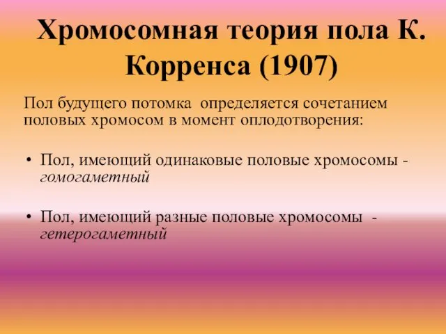 Хромосомная теория пола К.Корренса (1907) Пол будущего потомка определяется сочетанием половых