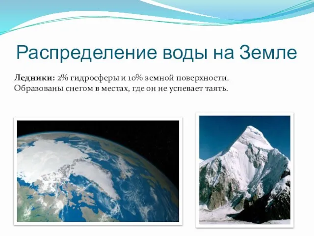 Распределение воды на Земле Ледники: 2% гидросферы и 10% земной поверхности.