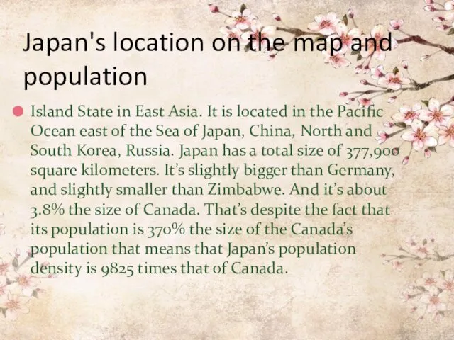 Japan's location on the map and population Island State in East