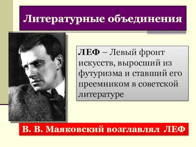 Литературные объединения ЛЕФ – Левый фронт искусств, выросший из футуризма и