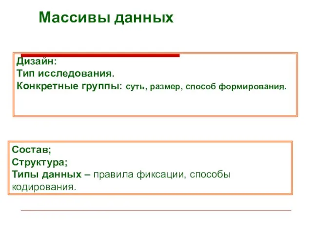 Массивы данных Состав; Структура; Типы данных – правила фиксации, способы кодирования.