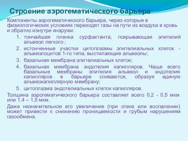 Строение аэрогематического барьера Компоненты аэрогематического барьера, через которые в физиологических условиях