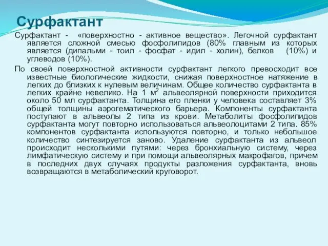 Сурфактант Сурфактант - «поверхностно - активное вещество». Легочной сурфактант является сложной