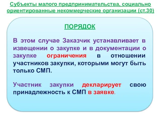 Субъекты малого предпринимательства, социально ориентированные некоммерческие организации (ст.30) ПОРЯДОК В этом