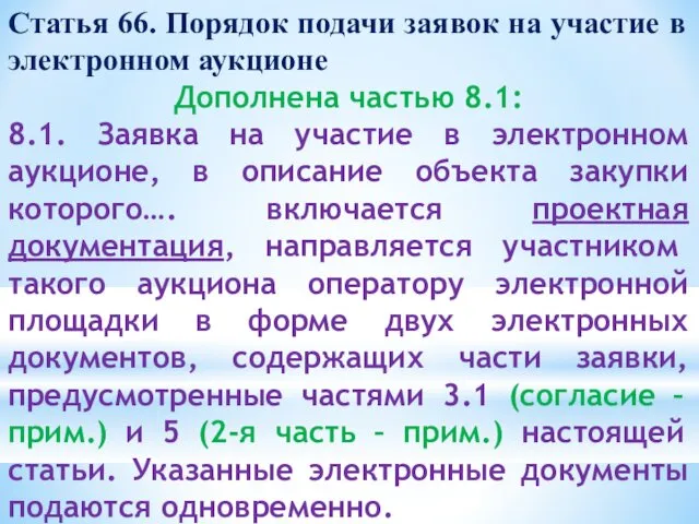 Статья 66. Порядок подачи заявок на участие в электронном аукционе Дополнена