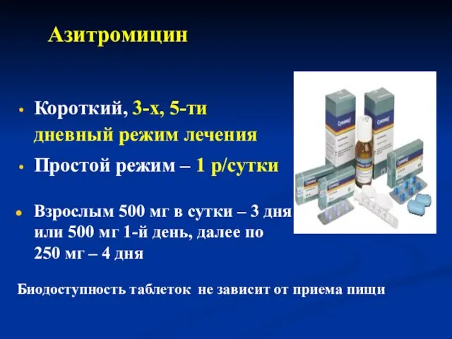 Азитромицин Короткий, 3-х, 5-ти дневный режим лечения Простой режим – 1