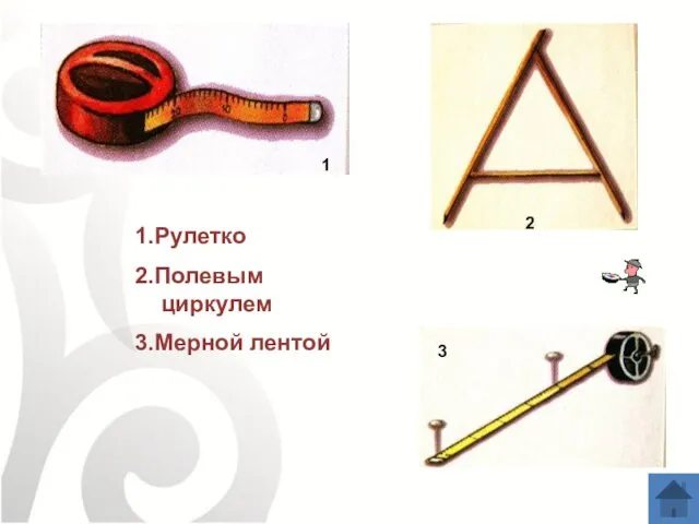 1.Рулетко 2.Полевым циркулем 3.Мерной лентой 1 2 3