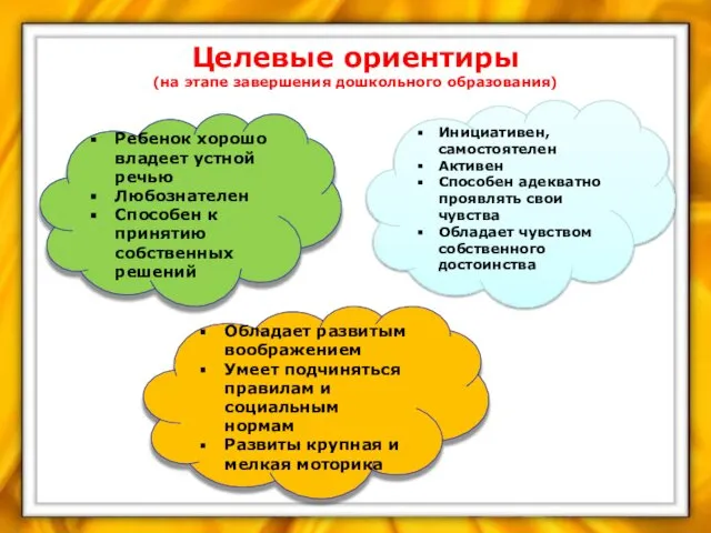 Целевые ориентиры (на этапе завершения дошкольного образования) Ребенок хорошо владеет устной